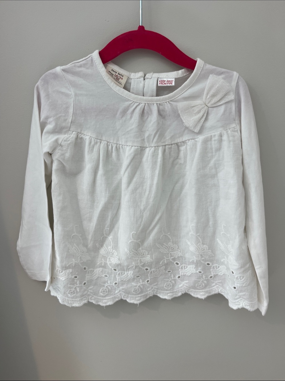 Zara White Long-Sleeve Bow & Eyelet Blouse